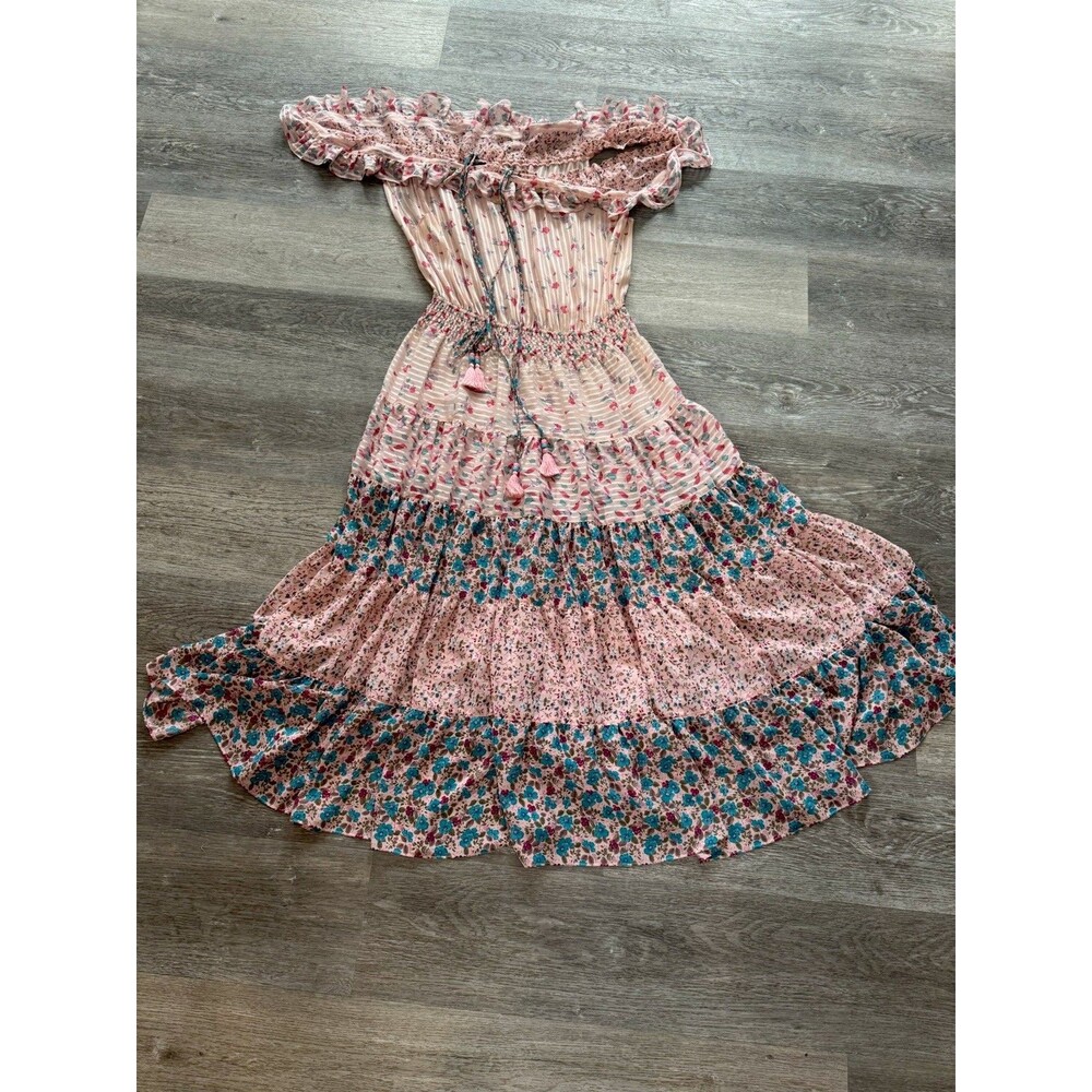 Diane Freis Vintage Pink Floral Pleated Maxie Dress Women's Sz L Tassels Metalic